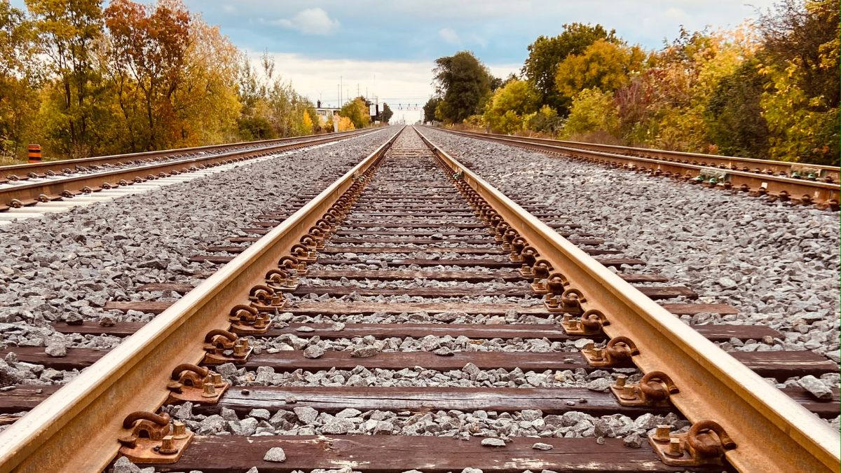 Eisenbahnschienen verlaufen in die Ferne, umgeben von herbstlich gefärbten Bäumen.